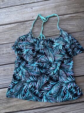 Authentic American Heritage Black Tropical Print Tankini Top with Teal Straps